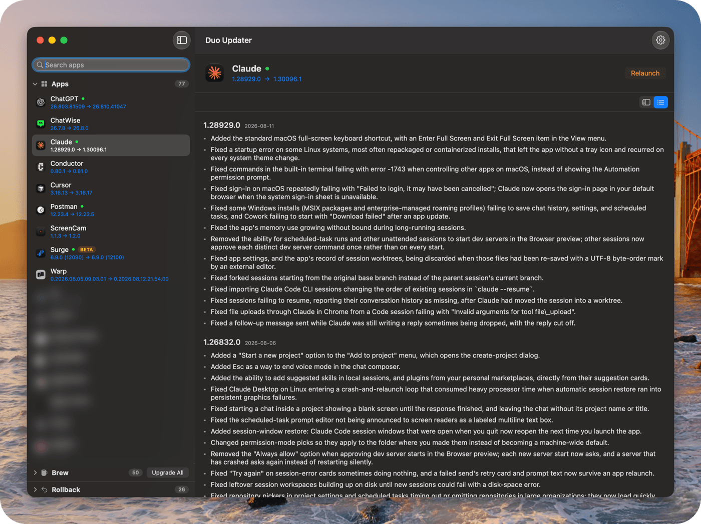 The workbench window: a sidebar listing every scanned app, and the release notes for the selected one rendered as native text — version heading, date, and one bullet per change.