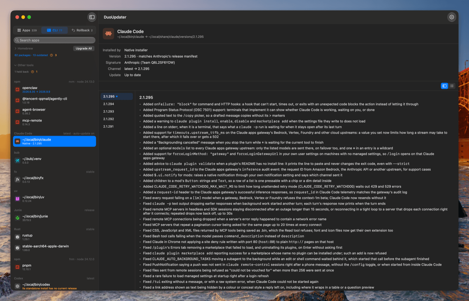 The workbench's CLI tab: a sidebar grouping command-line tools by how they were installed — Homebrew, npm under nvm and fnm, Claude Code, bub, fx, uv, Junie, Rust and Codex — each with its path and version. Claude Code is selected: installed by the native installer, version 2.1.295 matching Anthropic's release manifest, signed by Anthropic, on the latest channel and up to date, with its release notes listed by version beside it.