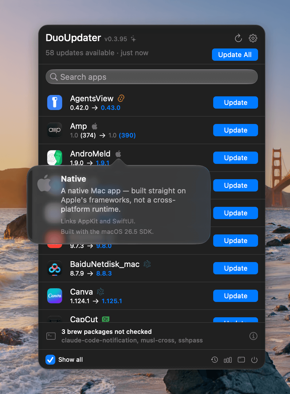 The DuoUpdater menu bar popover, headed 58 updates available with an Update All button and a search field. Each row shows the installed version, the new version, a small badge for what the app is built with, and an Update button; Amp's row reads 1.0 (374) to 1.0 (390). A hover card over AndroMeld's badge reads: Native — a native Mac app, built straight on Apple's frameworks, not a cross-platform runtime. Links AppKit and SwiftUI. Built with the macOS 26.5 SDK. A row at the bottom reports 3 Homebrew packages not checked.
