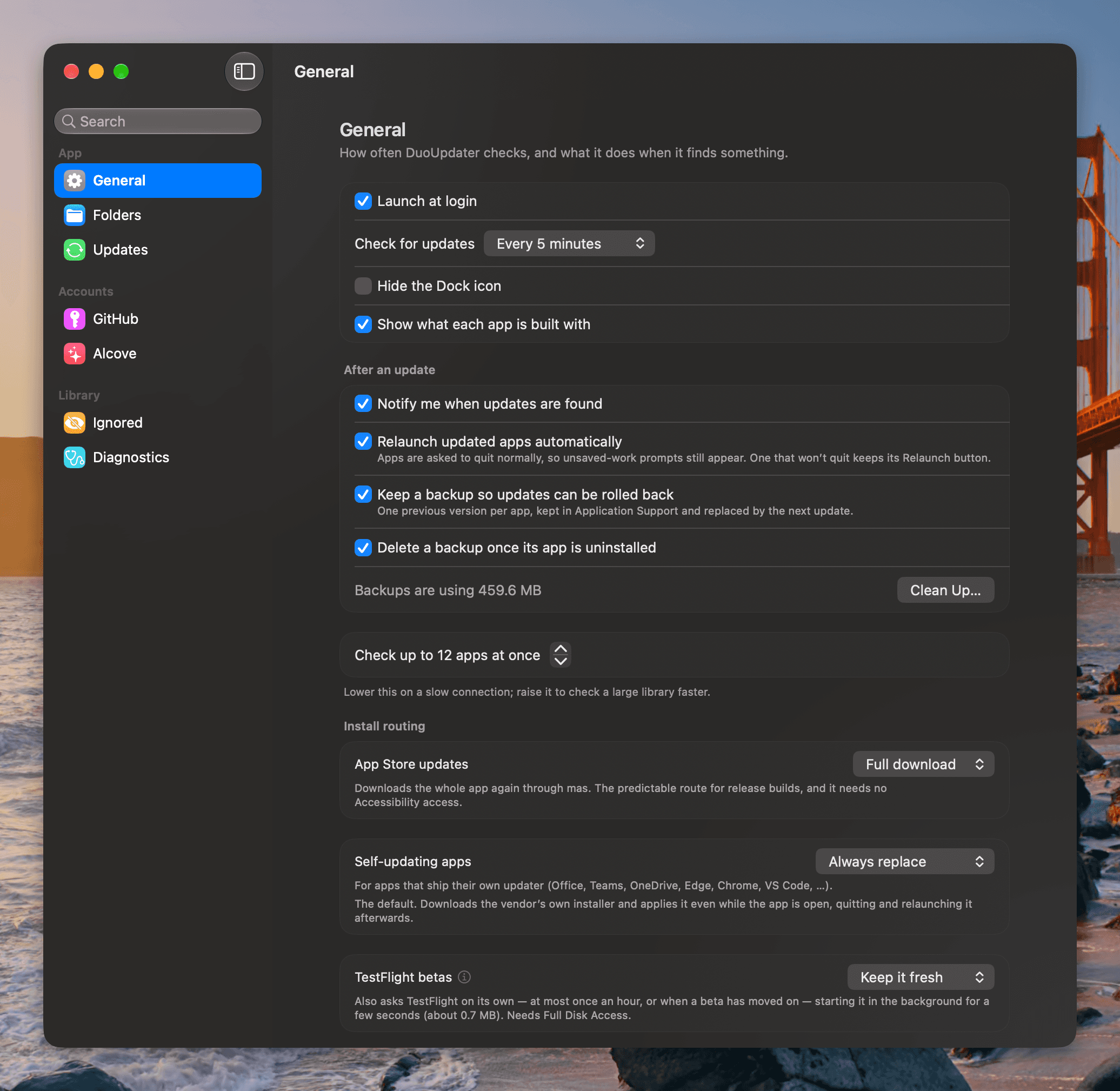 DuoUpdater's General settings, beside a sidebar listing Folders, Updates, GitHub, Alcove, Ignored and Diagnostics: launch at login, check interval, hiding the Dock icon, whether to show what each app is built with, notifications, automatic relaunch, rollback backups and the space they use, how many apps to check at once, and install routing for App Store updates, self-updating apps and TestFlight betas.