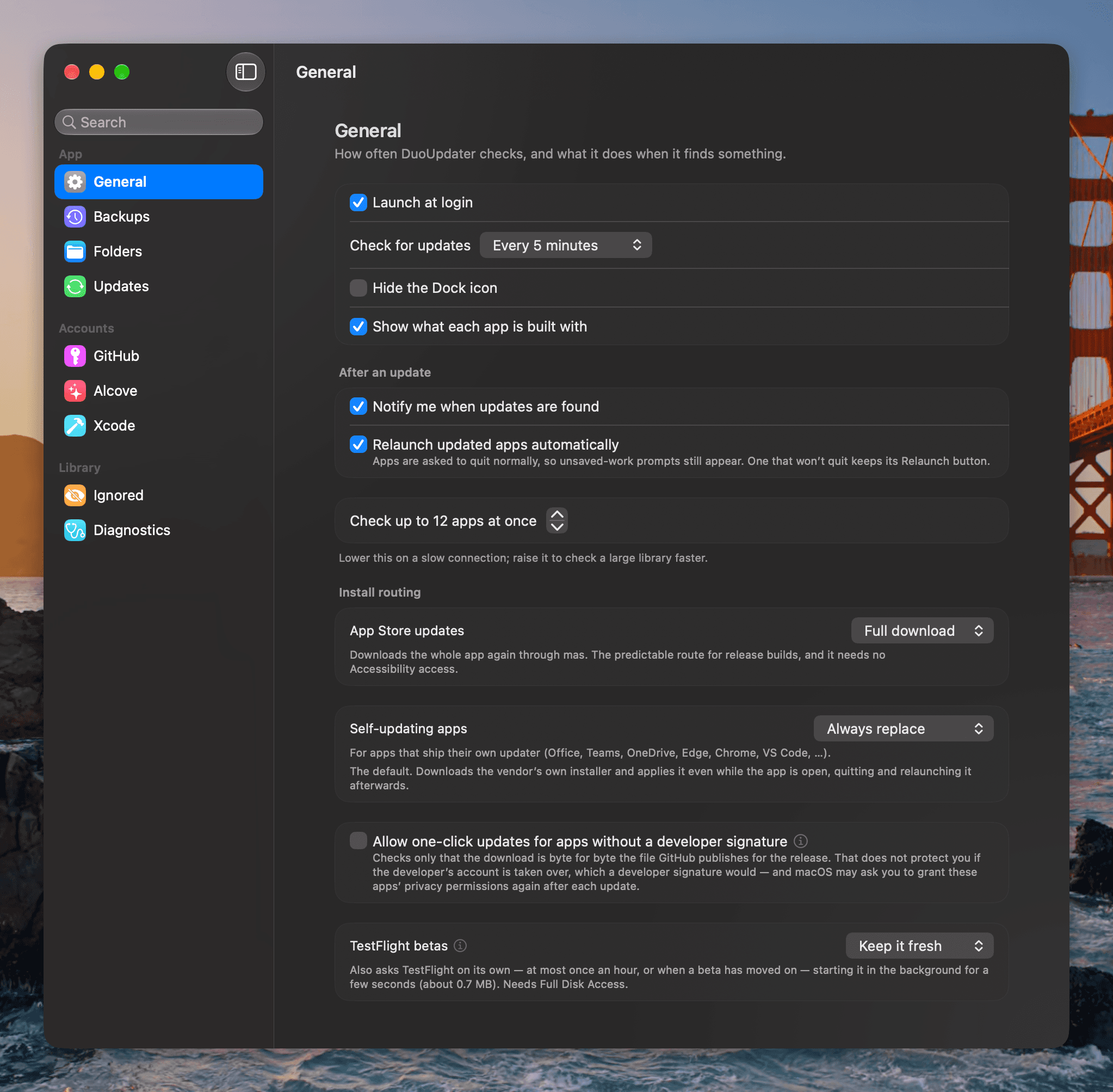 DuoUpdater's General settings, beside a sidebar listing Backups, Folders, Updates, GitHub, Alcove, Xcode, Ignored and Diagnostics: launch at login, check interval, hiding the Dock icon, whether to show what each app is built with, notifications, automatic relaunch, how many apps to check at once, and install routing for App Store updates, self-updating apps, apps without a developer signature and TestFlight betas.